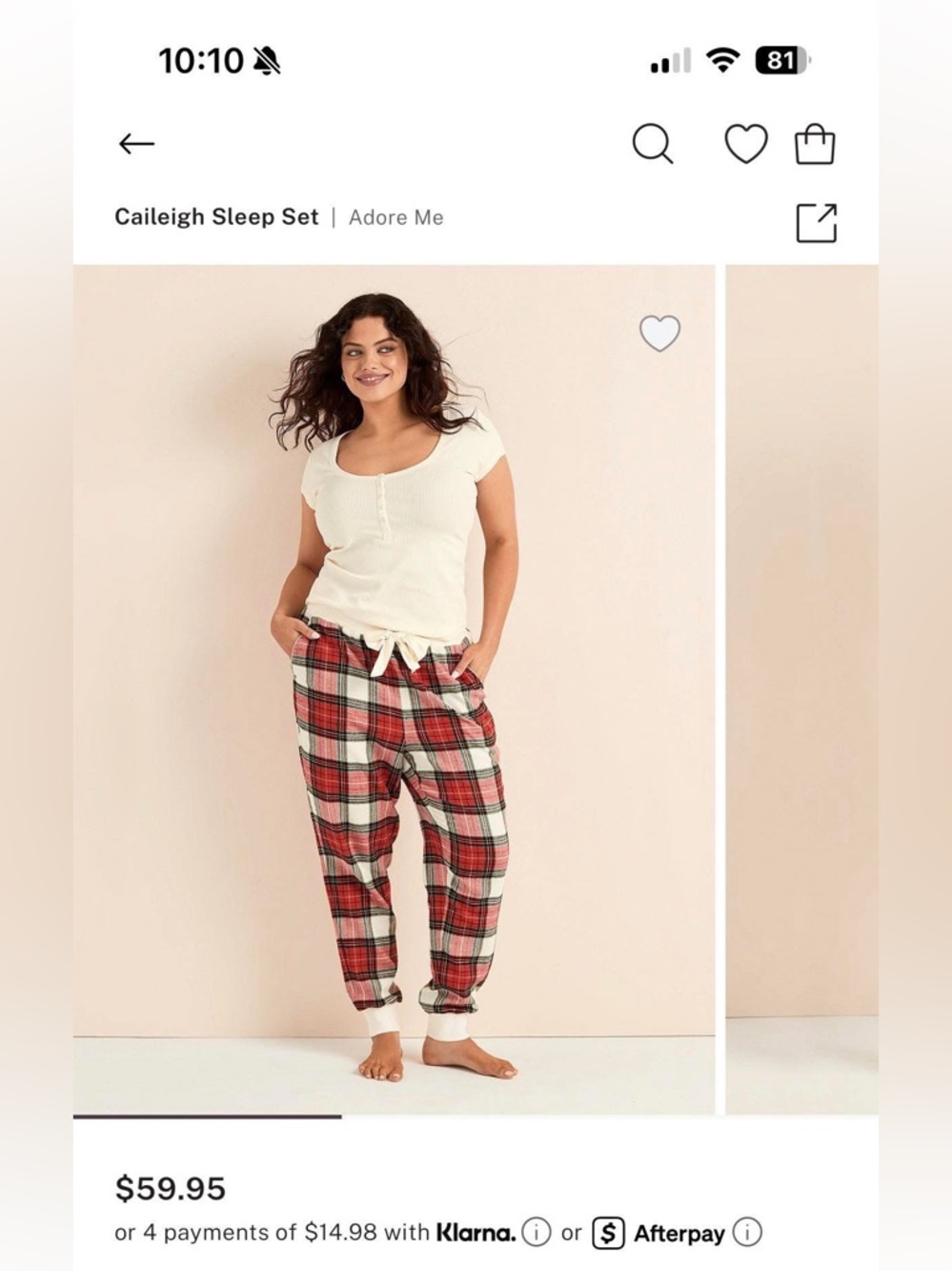 Adore Me White Ribbed Henley Top with Red and Pink Plaid Sleep Pants